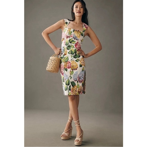 By Anthropologie Slim Square-Neck Sheath Midi Dress Floral Print NWT Size 2 - Picture 3 of 12